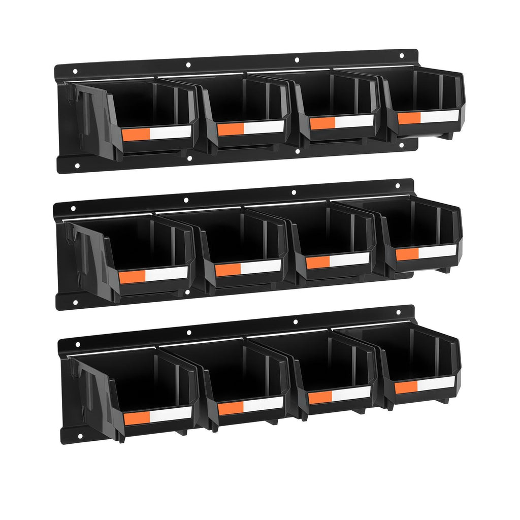 12 Plastic Bins, 3 Metal Rails, Wall Mount Storage Bins, Stackable Hardware Organizer for Screws, Bolts, Nuts, Nails, Workshop, Garage, Craft, Black