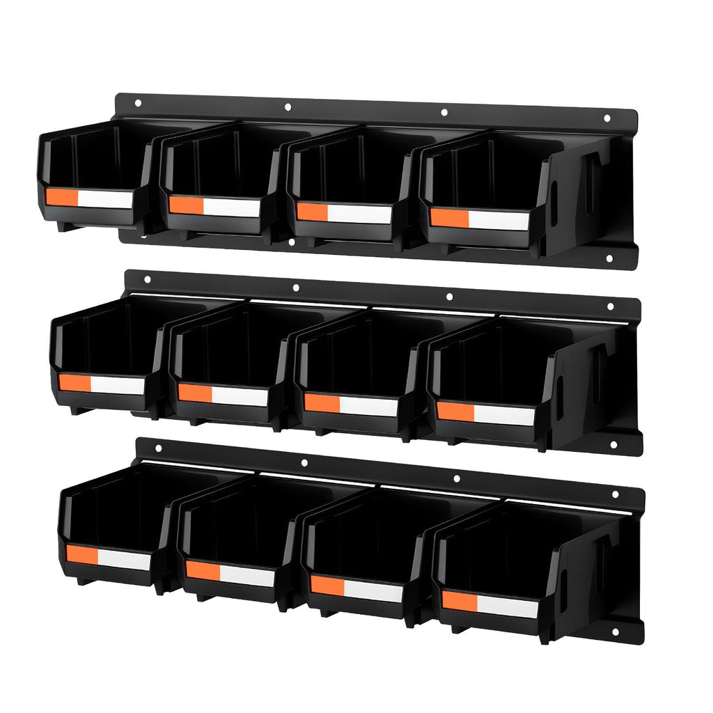 12 Plastic Bins, 3 Metal Rails, Wall Mount Storage Bins, Stackable Hardware Organizer for Screws, Bolts, Nuts, Nails, Workshop, Garage, Craft, Black