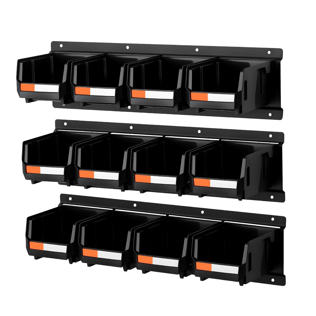 12 Plastic Bins, 3 Metal Rails, Wall Mount Storage Bins, Stackable Hardware Organizer for Screws, Bolts, Nuts, Nails, Workshop, Garage, Craft, Black