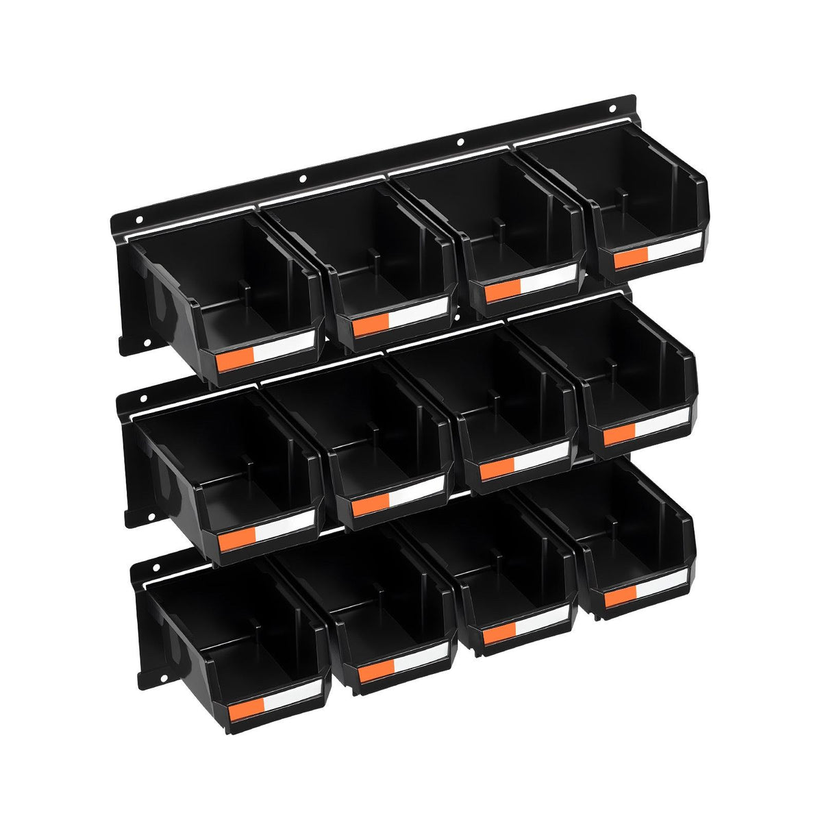 12 Plastic Bins, 3 Metal Rails, Wall Mount Storage Bins, Stackable Hardware Organizer for Screws, Bolts, Nuts, Nails, Workshop, Garage, Craft, Black