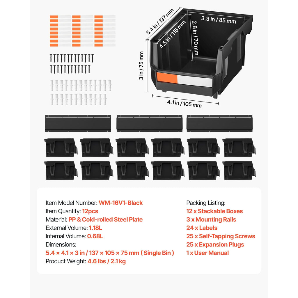 12 Plastic Bins, 3 Metal Rails, Wall Mount Storage Bins, Stackable Hardware Organizer for Screws, Bolts, Nuts, Nails, Workshop, Garage, Craft, Black