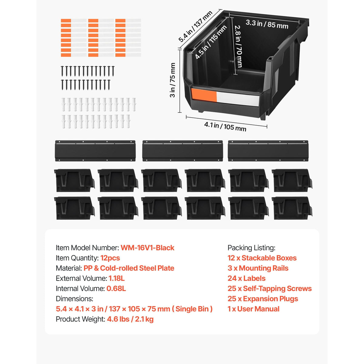 12 Plastic Bins, 3 Metal Rails, Wall Mount Storage Bins, Stackable Hardware Organizer for Screws, Bolts, Nuts, Nails, Workshop, Garage, Craft, Black