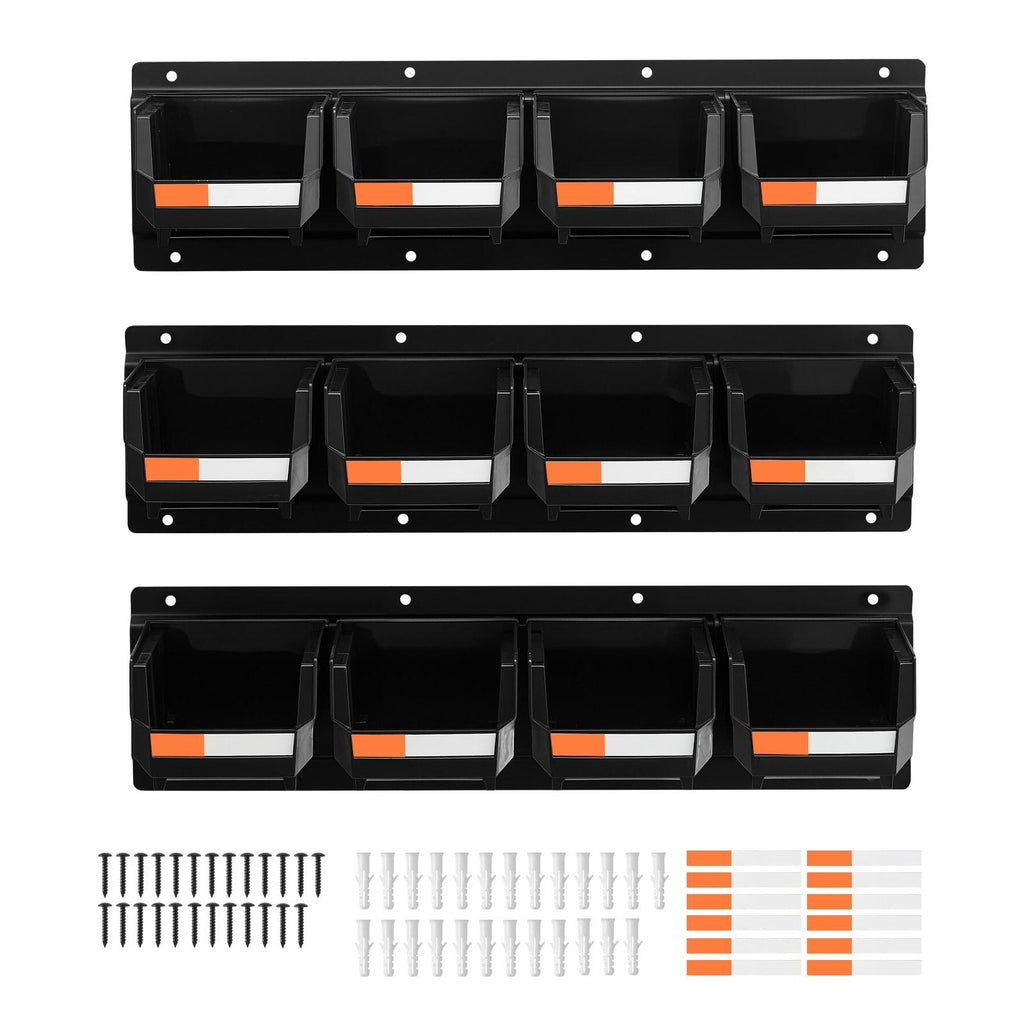 12 Plastic Bins, 3 Metal Rails, Wall Mount Storage Bins, Stackable Hardware Organizer for Screws, Bolts, Nuts, Nails, Workshop, Garage, Craft, Black