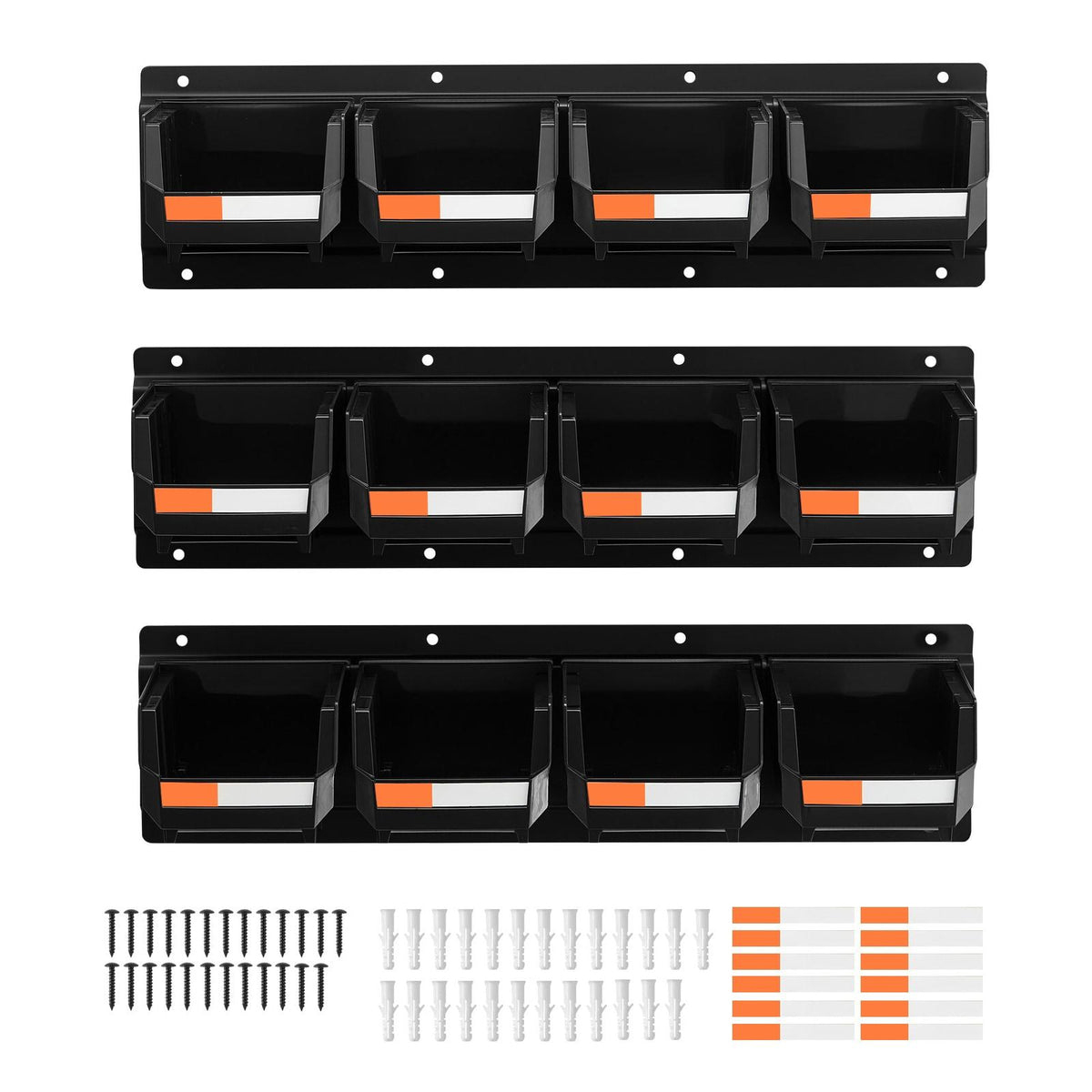 12 Plastic Bins, 3 Metal Rails, Wall Mount Storage Bins, Stackable Hardware Organizer for Screws, Bolts, Nuts, Nails, Workshop, Garage, Craft, Black