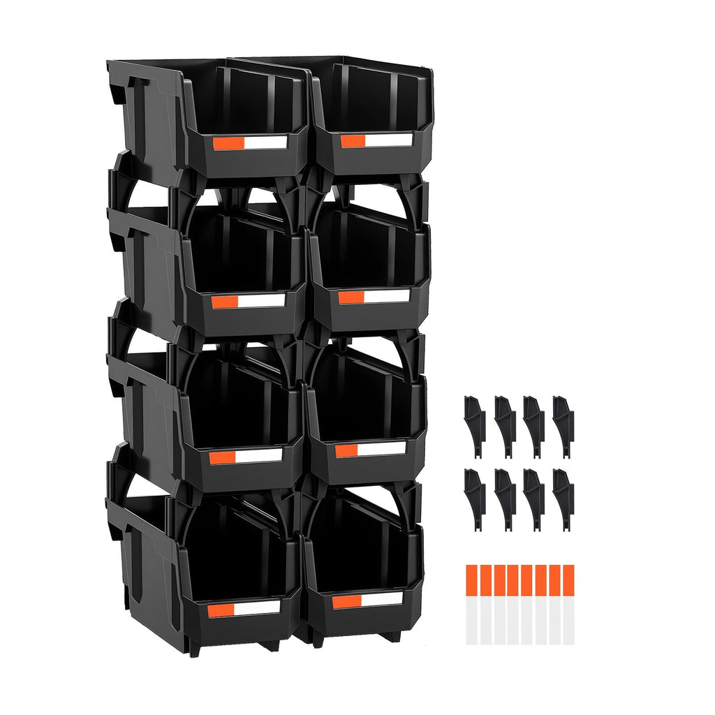 Plastic Stackable Storage Bins, 10.9x5.5x5.1 In (8 Pack), Organizing Containers for Closet, Garage, Small Parts, Office Supplies, Black