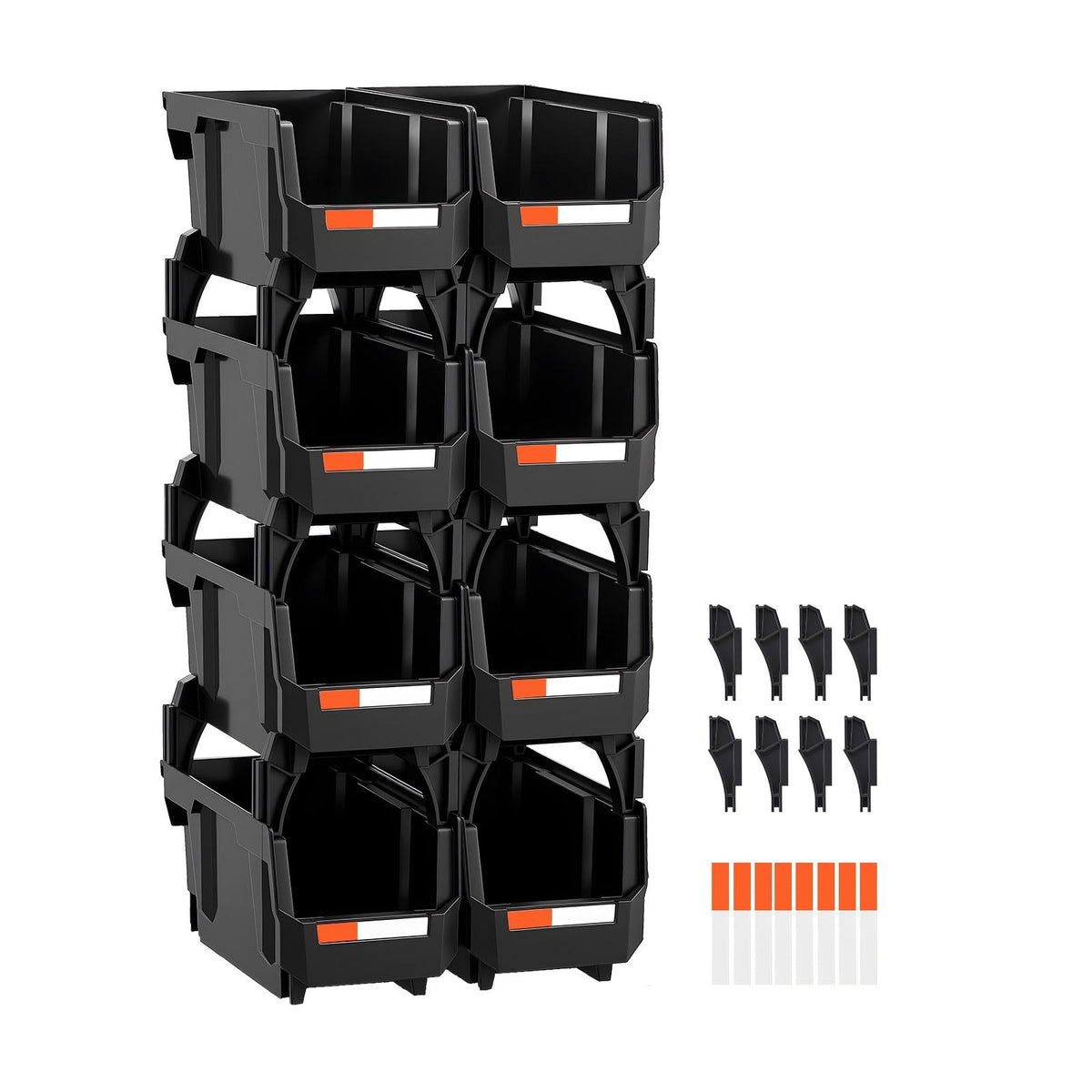 Plastic Stackable Storage Bins, 10.9x5.5x5.1 In (8 Pack), Organizing Containers for Closet, Garage, Small Parts, Office Supplies, Black