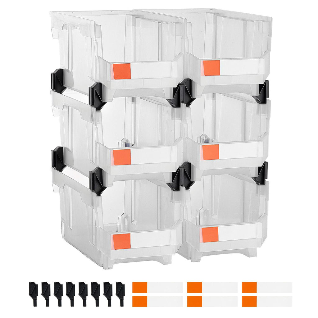 Plastic Stackable Storage Bins, 14.8x8.5x7.1 In (6 Pack), Organizing Containers for Closet, Garage, Small Parts, Office, Transparent