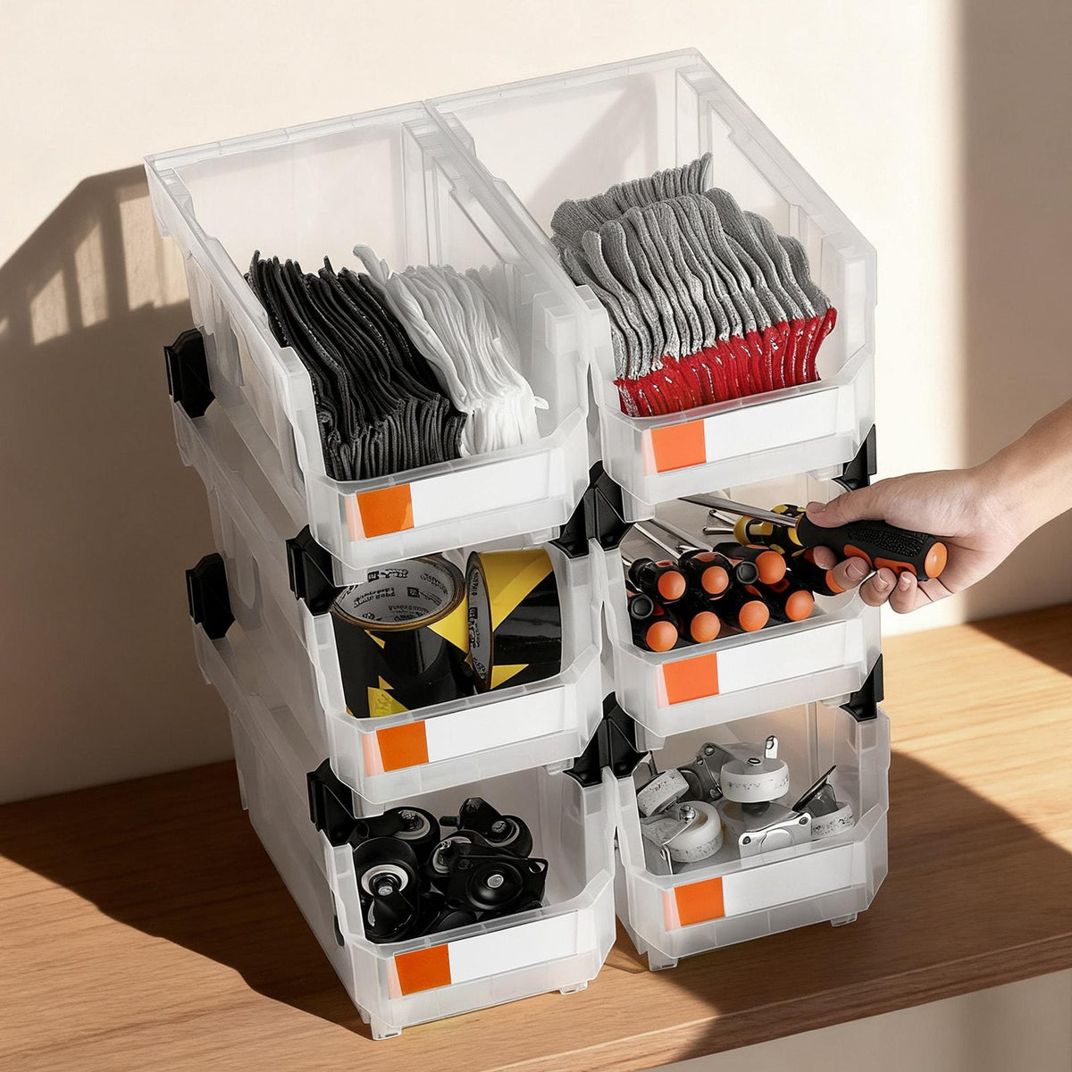 Plastic Stackable Storage Bins, 14.8x8.5x7.1 In (6 Pack), Organizing Containers for Closet, Garage, Small Parts, Office, Transparent