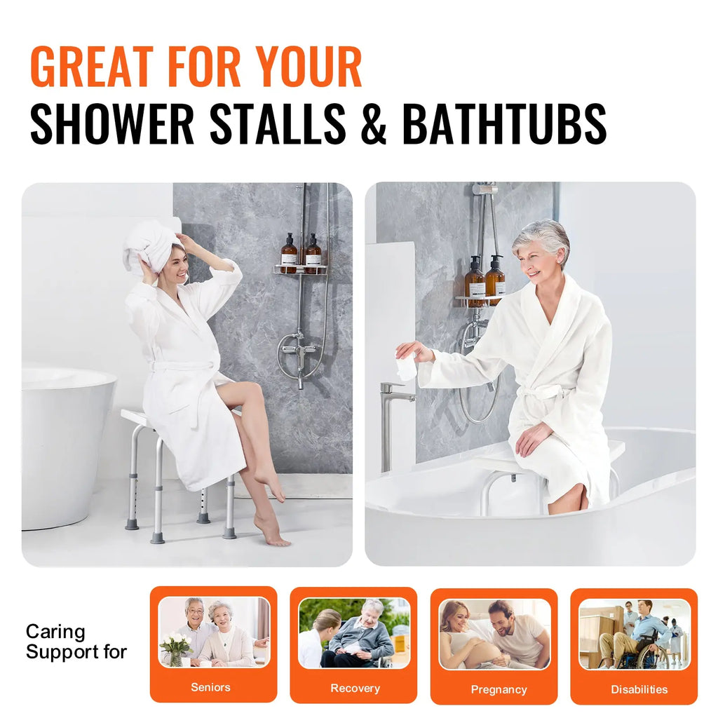 Adjustable Height Shower Chair with Built-in Handles, Non-Slip Bath Seat for Shower or Tub, Rust-Resistant Aluminum Frame