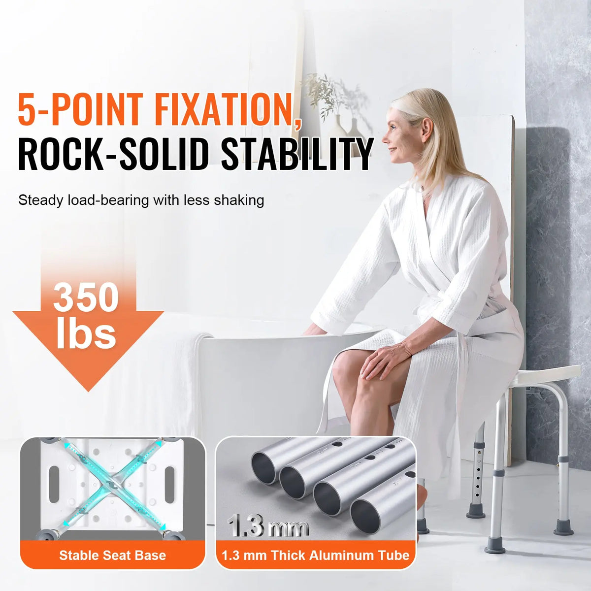 Adjustable Height Shower Chair with Built-in Handles, Non-Slip Bath Seat for Shower or Tub, Rust-Resistant Aluminum Frame