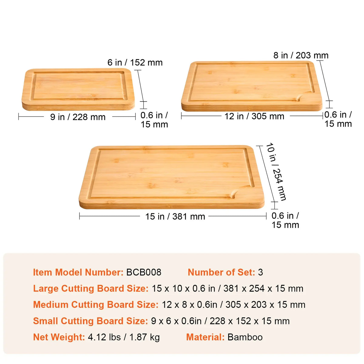 Bamboo Cutting Board Set of 3 with Built-in Handles and Juice Groove, Natural Finish, Knife-Friendly, Kitchen Prep, 16.54 x 11.02 x 2.76 in