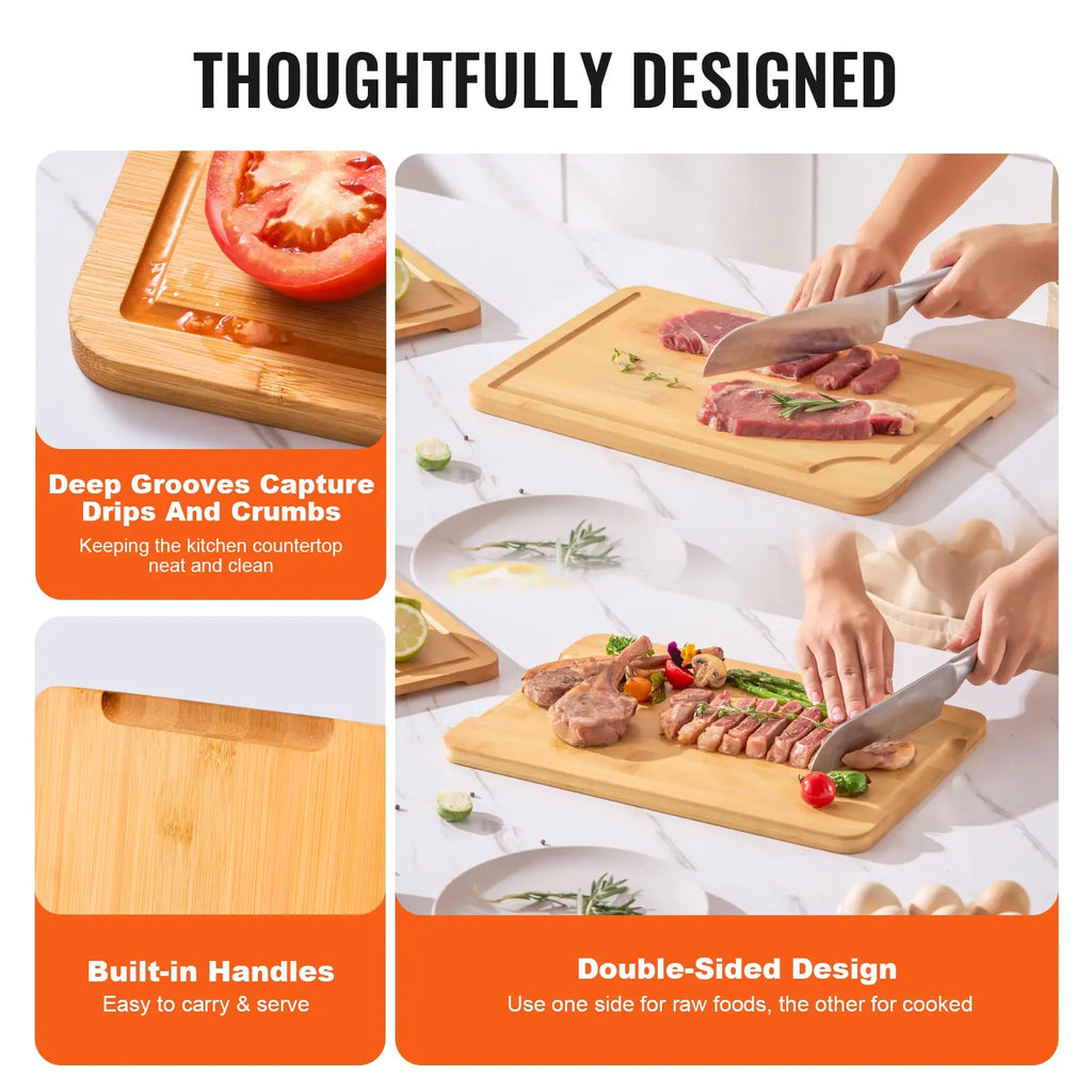 Bamboo Cutting Board Set of 3 with Built-in Handles and Juice Groove, Natural Finish, Knife-Friendly, Kitchen Prep, 16.54 x 11.02 x 2.76 in