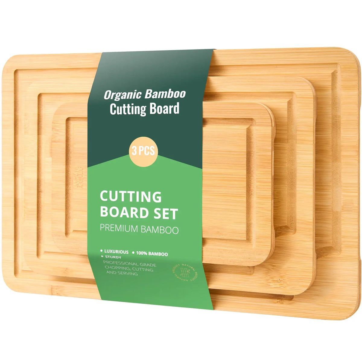 Bamboo Cutting Board Set of 3 with Built-in Handles and Juice Groove, Natural Finish, Knife-Friendly, Kitchen Prep, 16.54 x 11.02 x 2.76 in