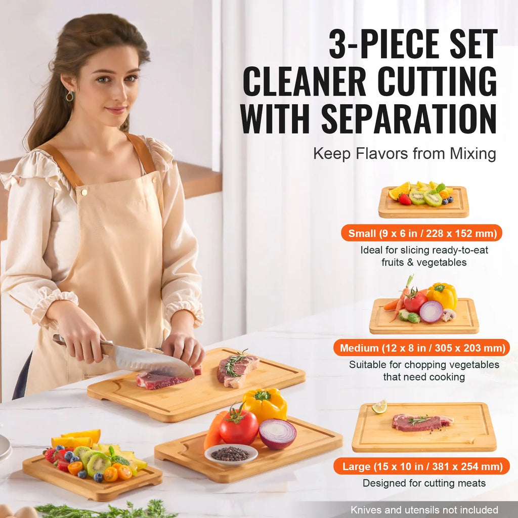 Bamboo Cutting Board Set of 3 with Built-in Handles and Juice Groove, Natural Finish, Knife-Friendly, Kitchen Prep, 16.54 x 11.02 x 2.76 in