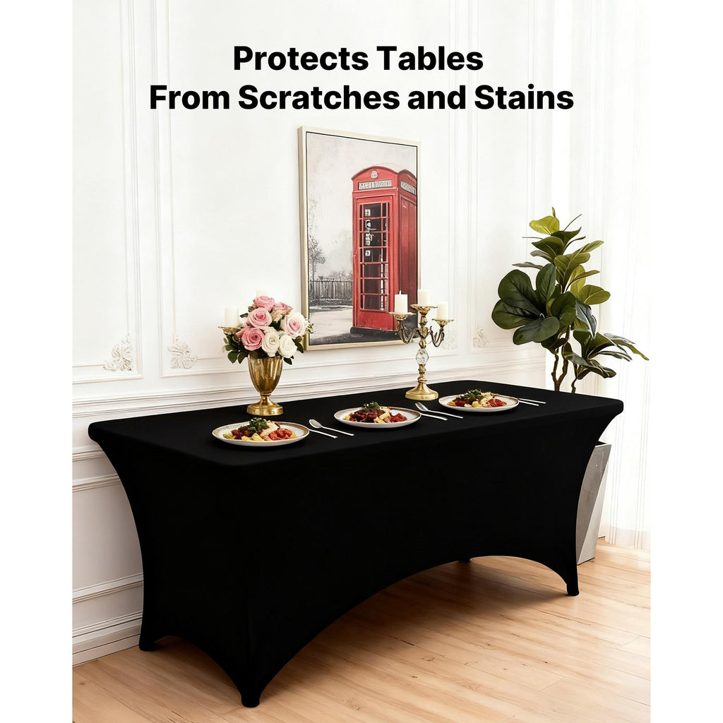 3 Pack 6FT Rectangular Fitted Tablecloth, Wrinkle-Resistant Black Spandex Cover, Washable for Party, Wedding, Cocktail, Banquet, Festival