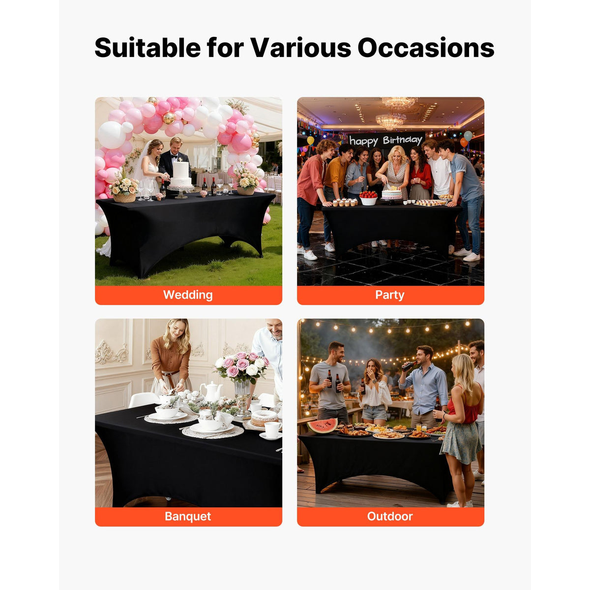 3 Pack 6FT Rectangular Fitted Tablecloth, Wrinkle-Resistant Black Spandex Cover, Washable for Party, Wedding, Cocktail, Banquet, Festival