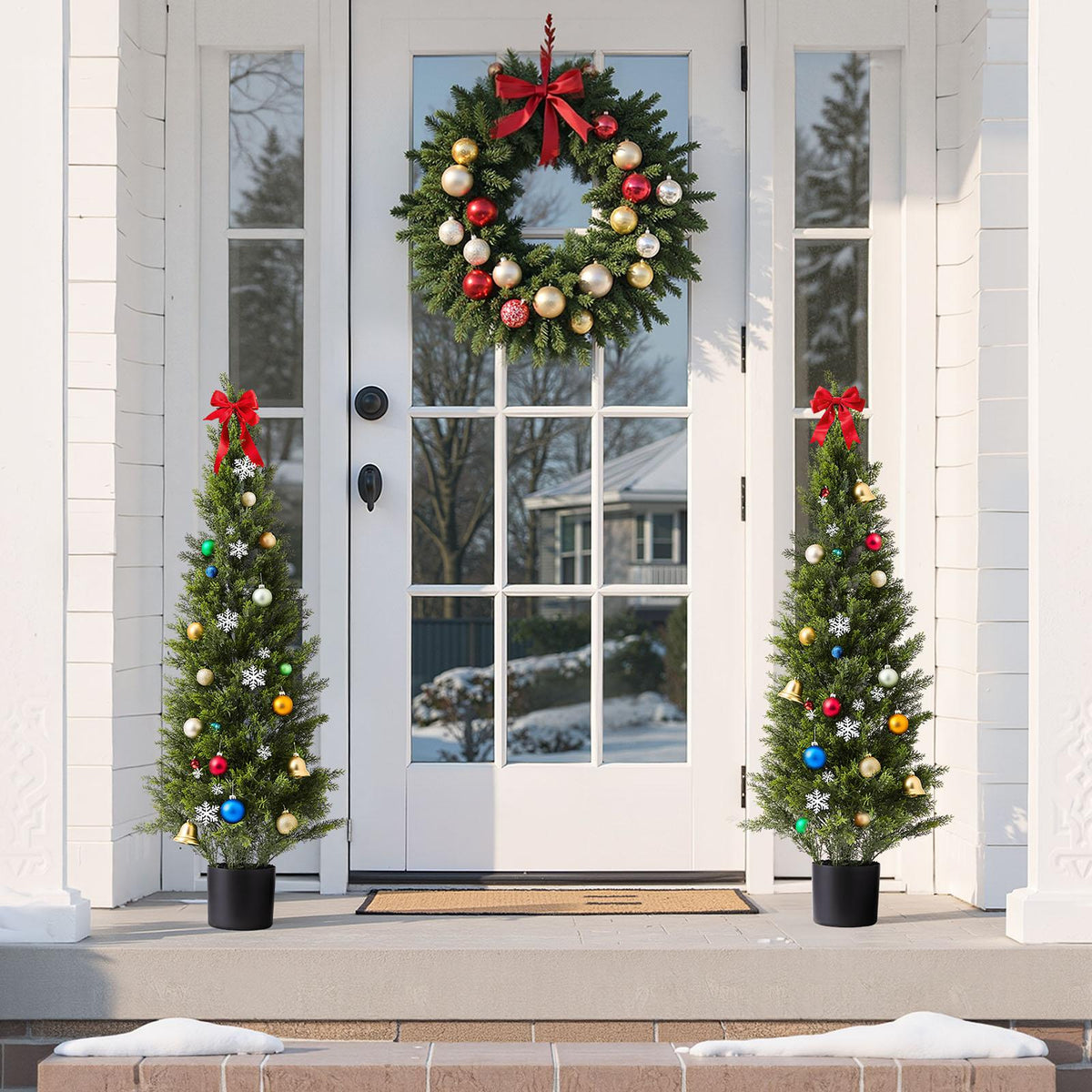 2 Pack 48" Artificial Cedar Topiary Trees, Faux Silk Pine Shrubs, Easy Assembly, Front Porch Patio Garden Balcony Backyard Indoor Outdoor Decor