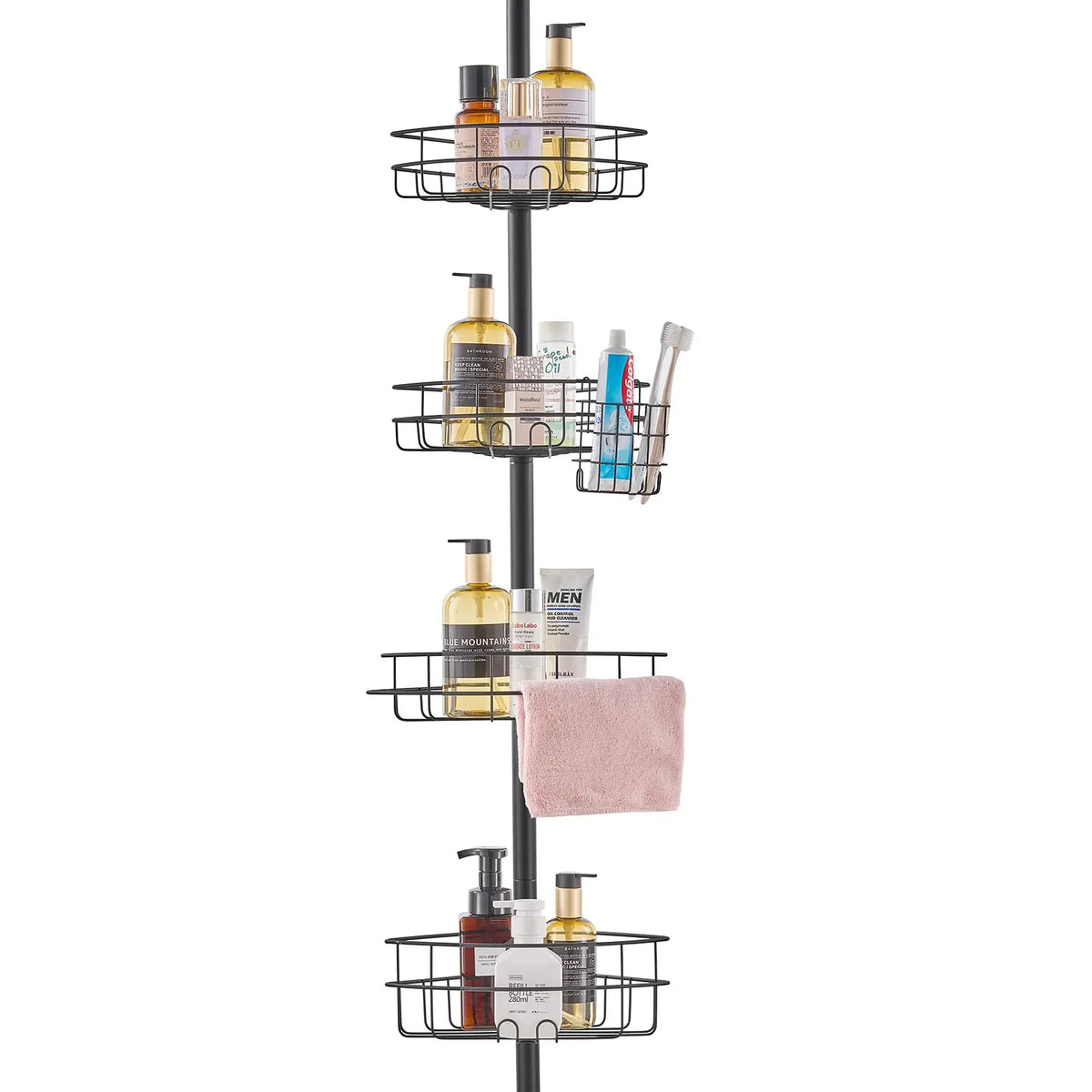 Corner Shower Caddy Tension Pole, Stainless Steel, 4-Tier, Rust-Resistant, Adjustable 56-114 in, Black