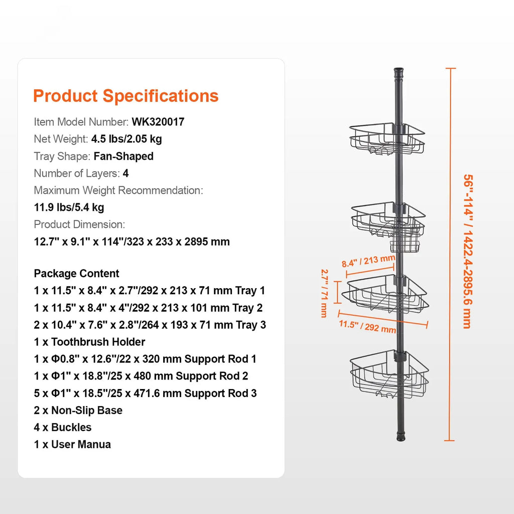 Corner Shower Caddy Tension Pole, Stainless Steel, 4-Tier, Rust-Resistant, Adjustable 56-114 in, Black