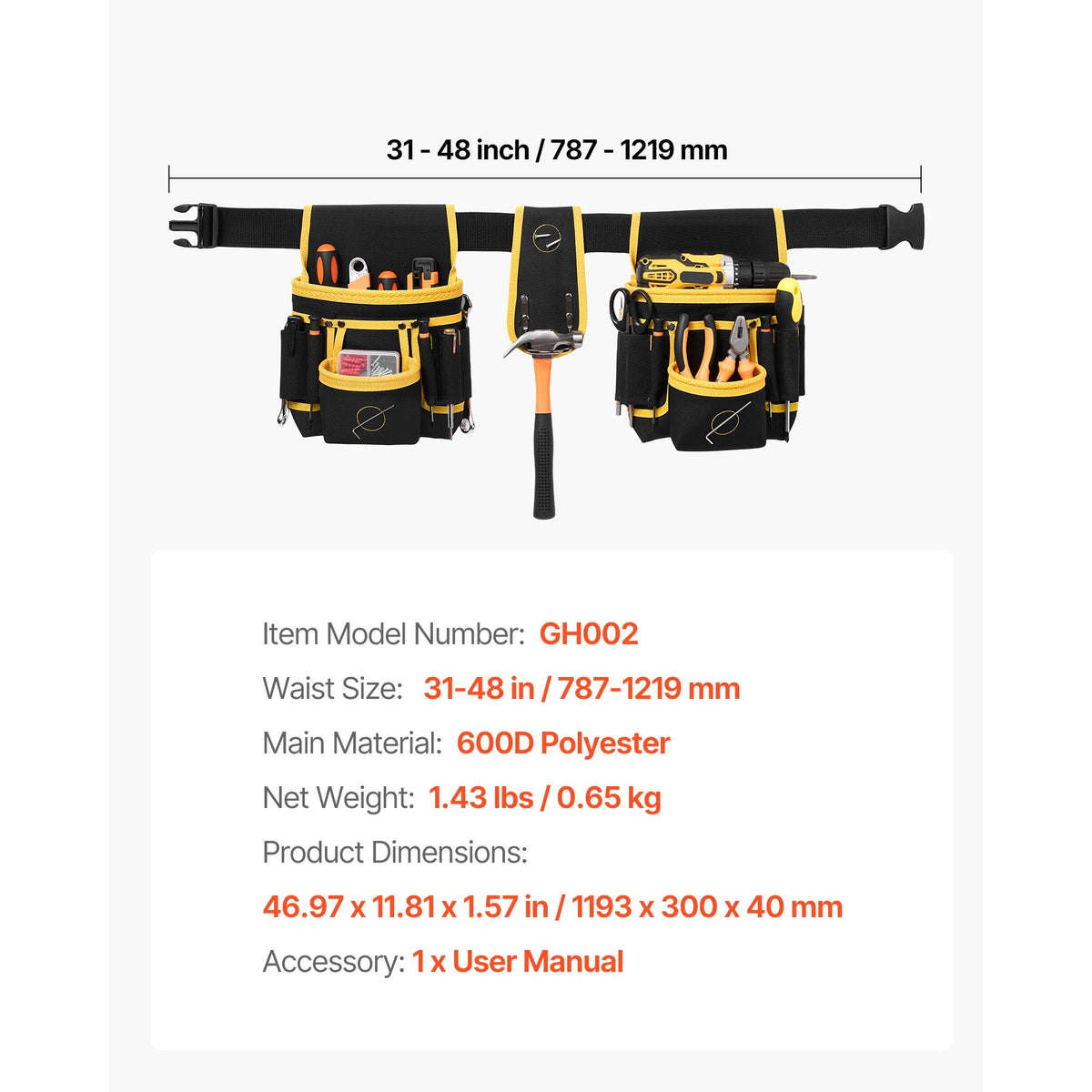 Magnetic Tool Belt for Men, 28 Pockets Heavy Duty Adjustable Utility Pouch, Detachable Work Organizer for Electrician, Carpenter, Construction, 31-48" Waist