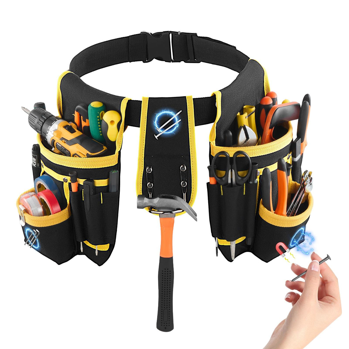 Magnetic Tool Belt for Men, 28 Pockets Heavy Duty Adjustable Utility Pouch, Detachable Work Organizer for Electrician, Carpenter, Construction, 31-48" Waist