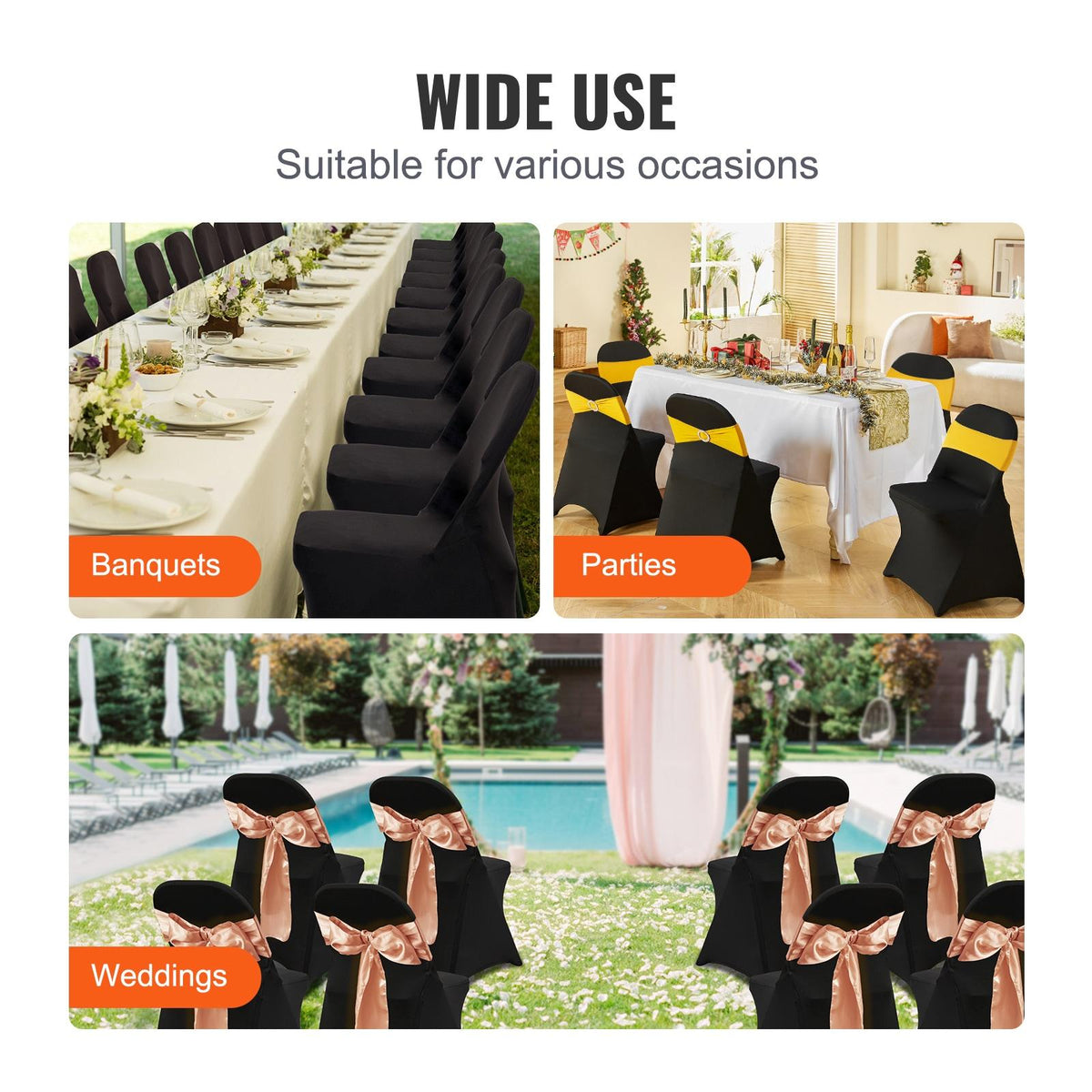 30 PCS Black Stretch Spandex Folding Chair Covers, Universal Fitted Washable Slipcovers for Wedding, Party, Banquet, Holiday, Celebration, Dining