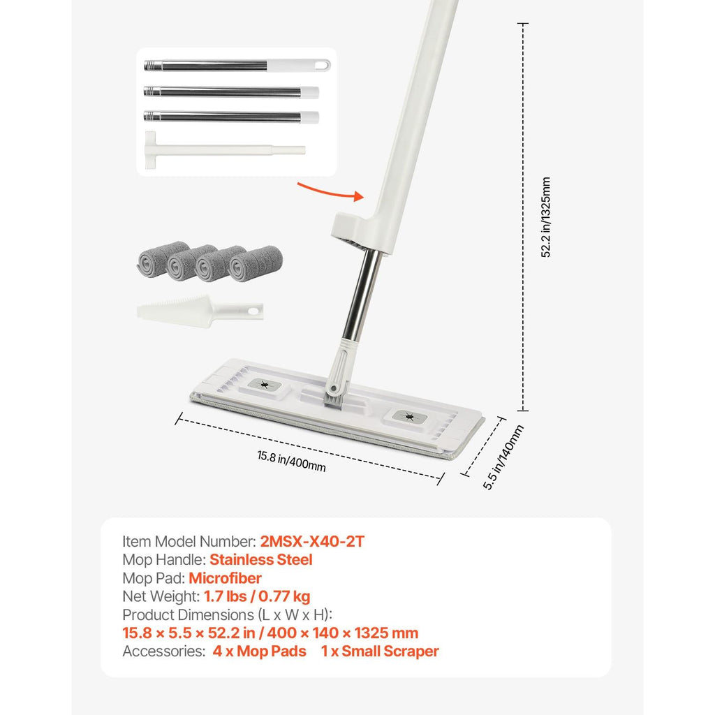 Self-Wringing Flat Mop, Microfiber Cleaner with 4 Reusable Washable Pads, Wet Dry Cleaning, Stainless Steel Handle for Hardwood Laminate Tile Vinyl