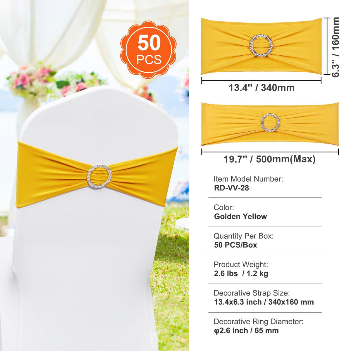 50 PCS Golden Yellow Spandex Chair Sashes with Round Buckle, Stretch Elastic Chair Bands for Wedding, Party, Banquet, Holiday Decor