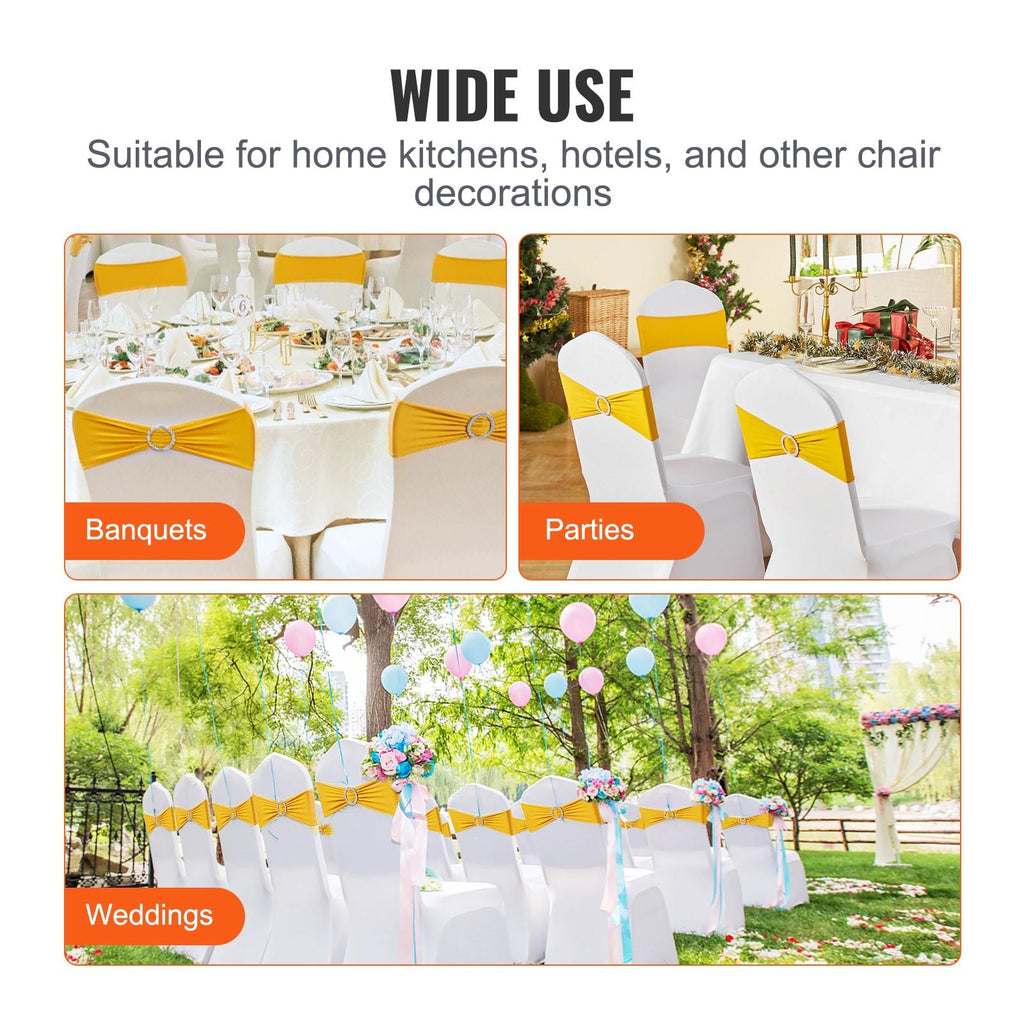 50 PCS Golden Yellow Spandex Chair Sashes with Round Buckle, Stretch Elastic Chair Bands for Wedding, Party, Banquet, Holiday Decor