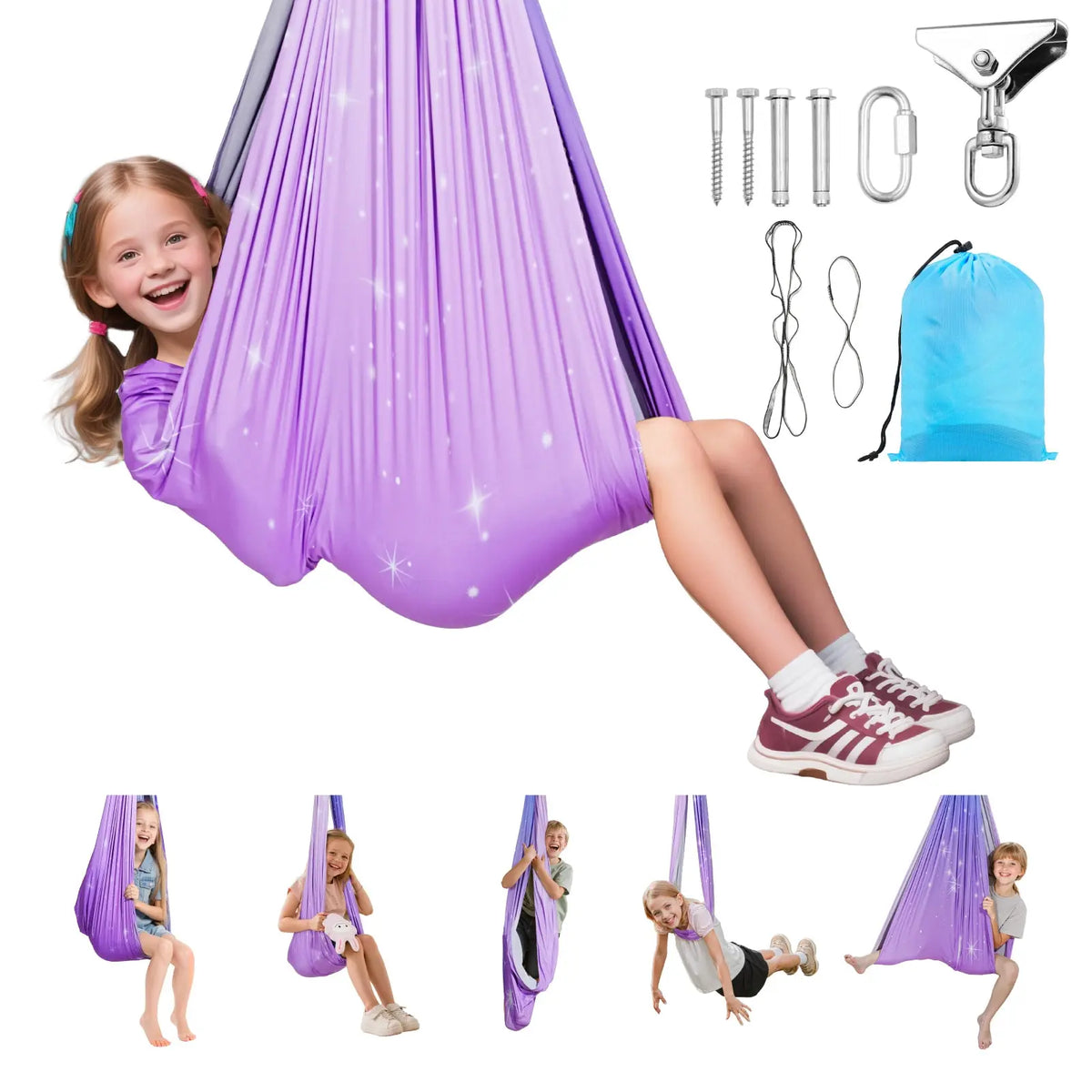 Dual-Layer Fabric Sensory Swing, 360° Swivel Hanger, Indoor Outdoor Calming Compression, Kids & Adults, 300 lbs, Adjustable Ceiling Aerial Swing