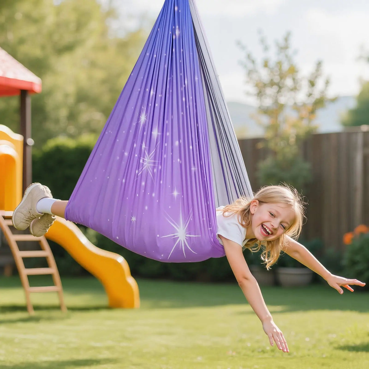 Dual-Layer Fabric Sensory Swing, 360° Swivel Hanger, Indoor Outdoor Calming Compression, Kids & Adults, 300 lbs, Adjustable Ceiling Aerial Swing