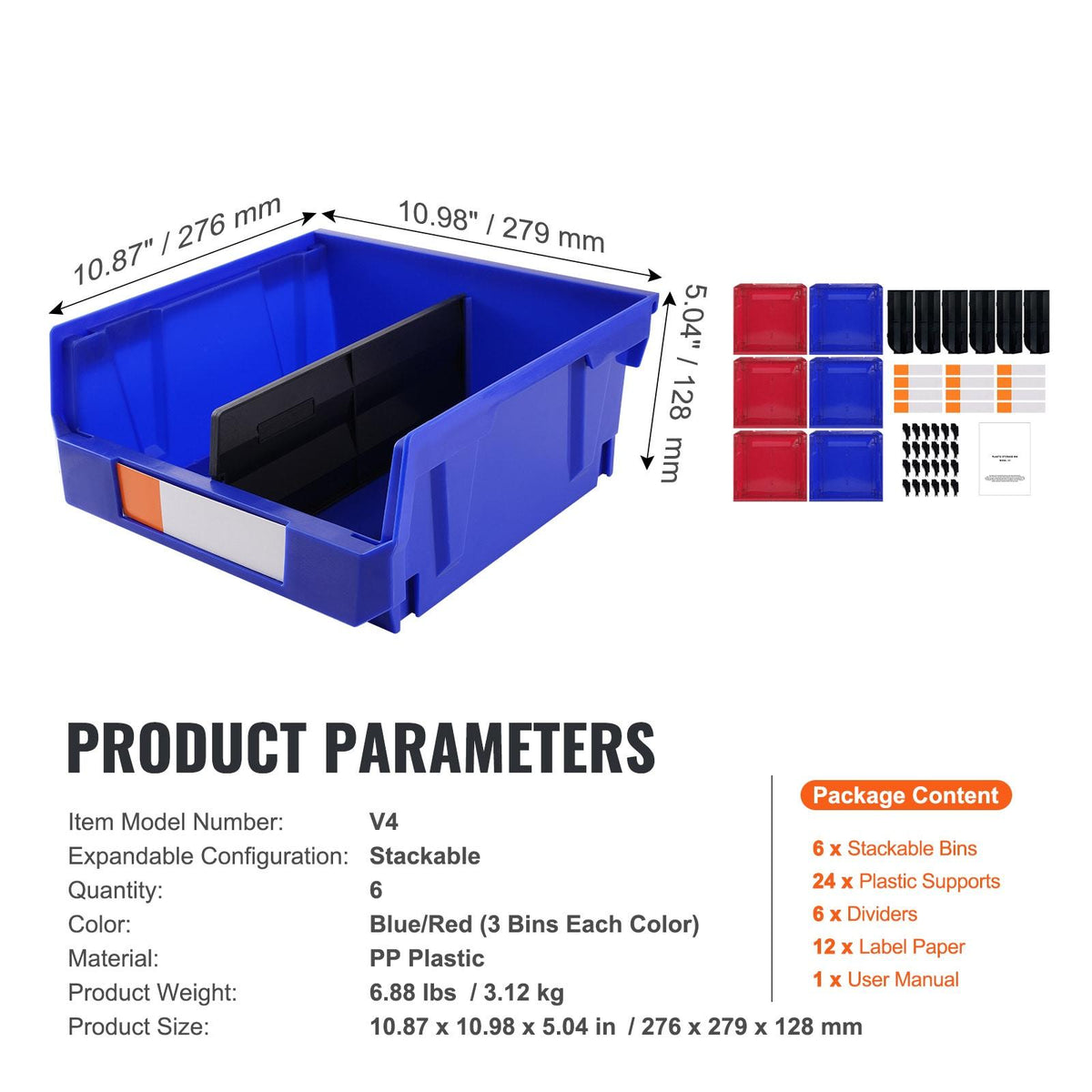 Plastic Storage Bins, 11x11x5, Hanging Stackable Organizer, Blue/Red, 6-Pack, Heavy Duty Containers for Closet, Kitchen, Office, Pantry