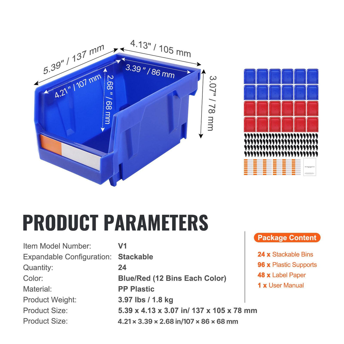 Plastic Storage Bin, 5x4x3", Hanging Stackable Organizer, Blue/Red, 24-Pack, Heavy Duty Containers for Closet, Kitchen, Office, Pantry