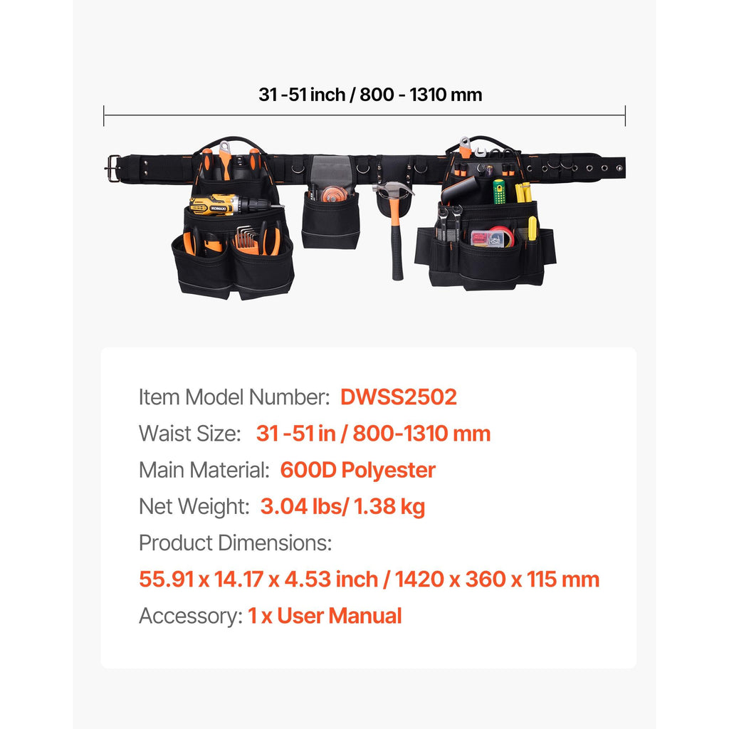 Professional Tool Belt, 18 Pockets Heavy Duty Adjustable Detachable Utility Pouch for Men, Electrician, Carpenter, Construction, 31-51" Waist