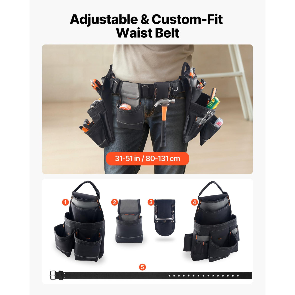 Professional Tool Belt, 18 Pockets Heavy Duty Adjustable Detachable Utility Pouch for Men, Electrician, Carpenter, Construction, 31-51" Waist