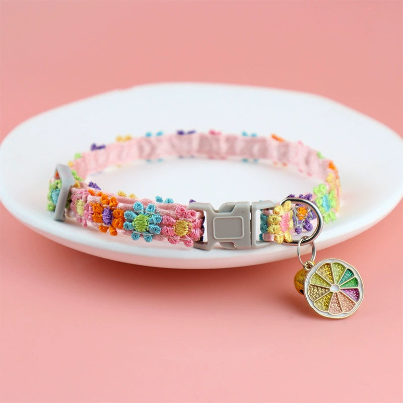 Floral Adjustable Pet Collar with Quick-Release Buckle, D-Ring & Decorative Charm
