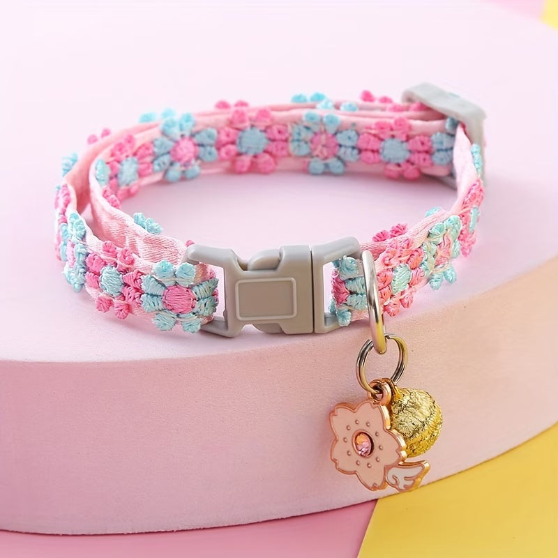 Floral Adjustable Pet Collar with Quick-Release Buckle, D-Ring & Decorative Charm
