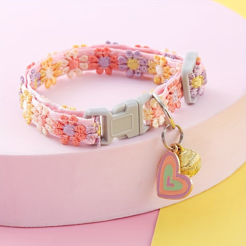 Floral Adjustable Pet Collar with Quick-Release Buckle, D-Ring & Decorative Charm