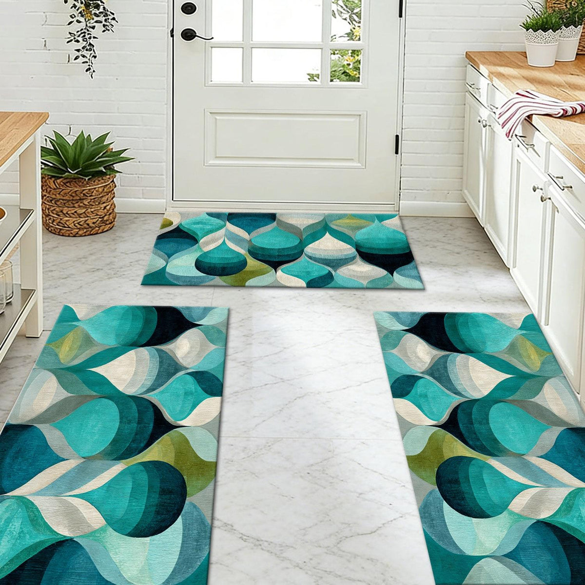 3-Piece Kitchen Rug Set, Non-Slip Washable, Abstract Pattern Kitchen Hallway Rug, Soft Comfortable, Ideal for Sink, Floor, Entryway, Hallway, Bathroom