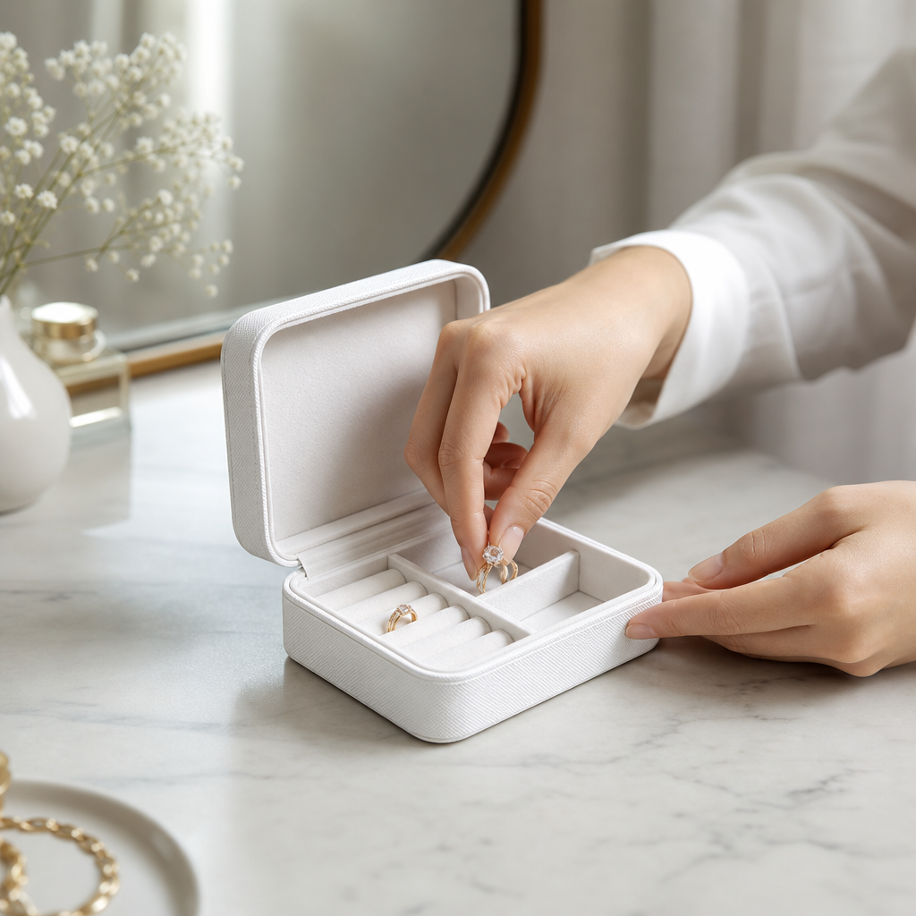 Portable Travel Jewelry Case, Mini PU Leather Jewelry Organizer Box with Zipper for Rings Earrings Necklaces, White