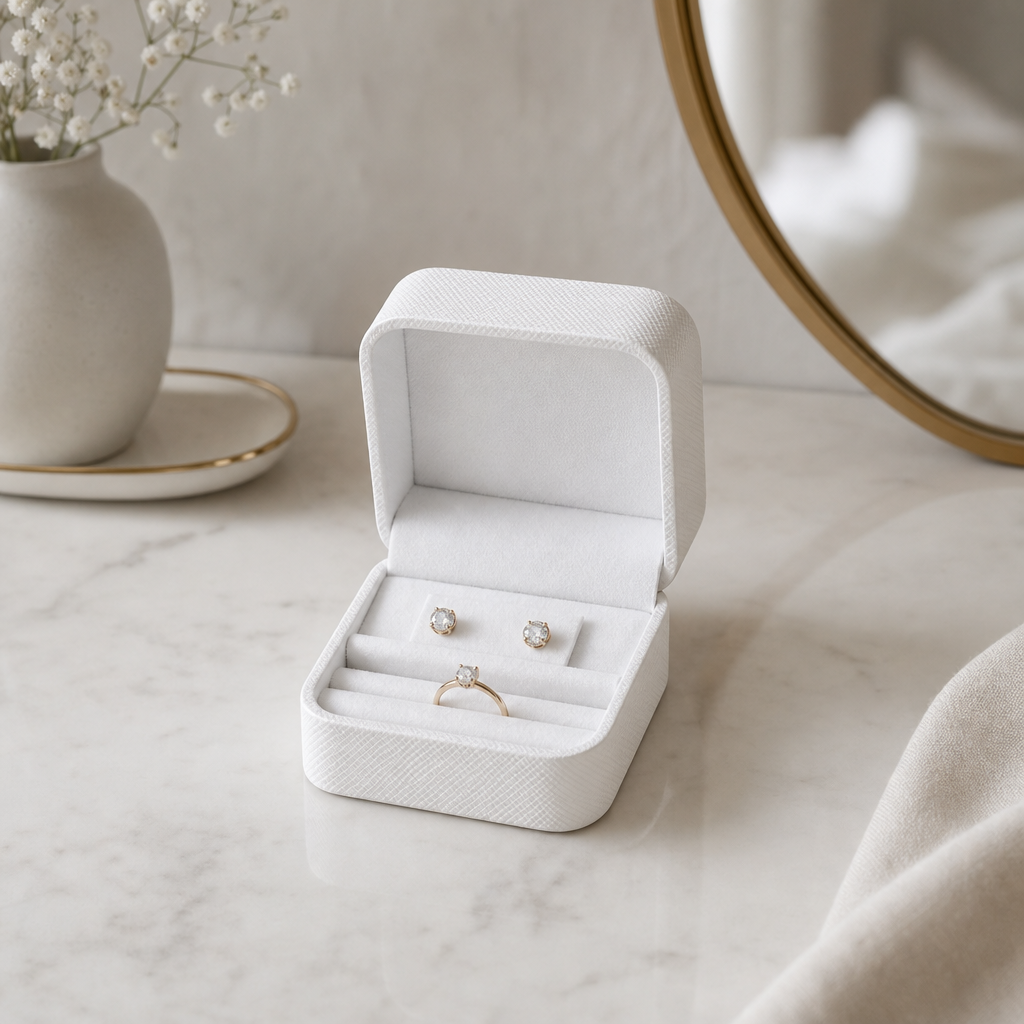 Portable Travel Jewelry Case, Mini PU Leather Jewelry Organizer Box with Zipper for Rings Earrings Necklaces, White