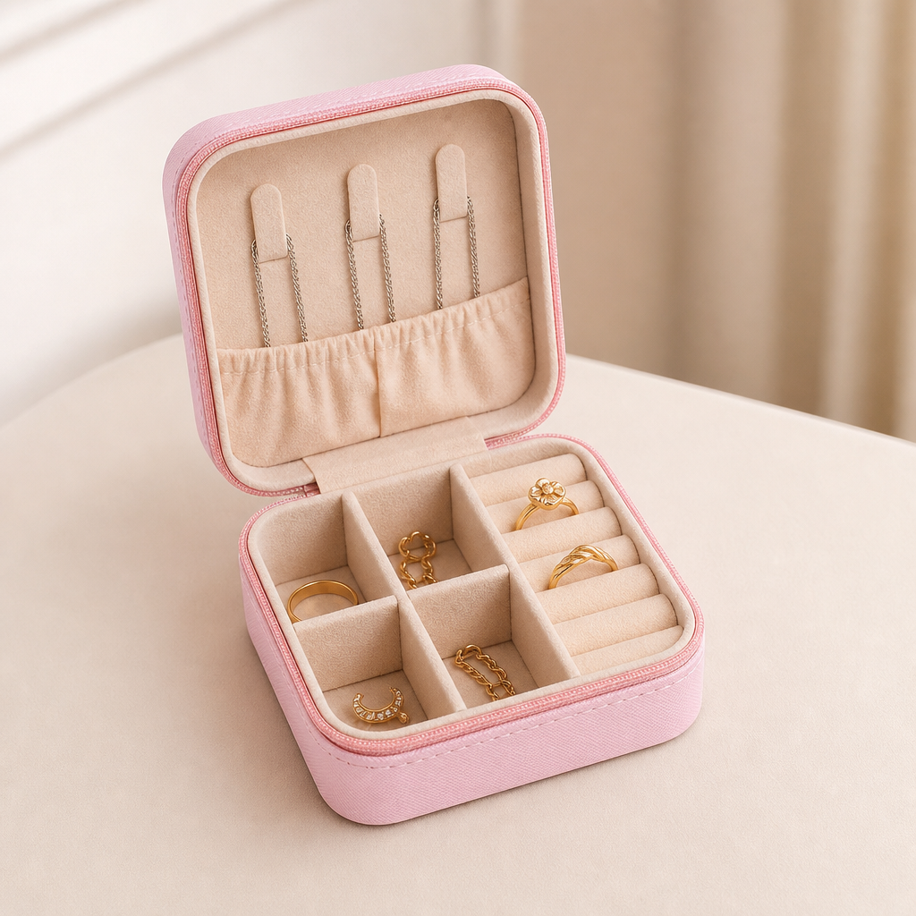 Mini Travel Jewelry Box, Portable PU Leather Small Jewellery Case with Zipper, Divided Compartments for Rings Earrings Necklaces, Gift for Women