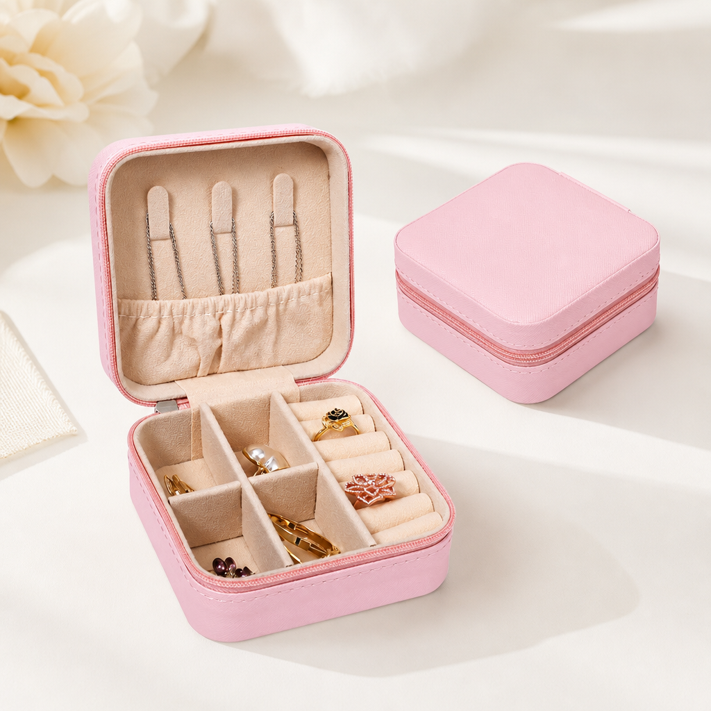 Mini Travel Jewelry Box, Portable PU Leather Small Jewellery Case with Zipper, Divided Compartments for Rings Earrings Necklaces, Gift for Women