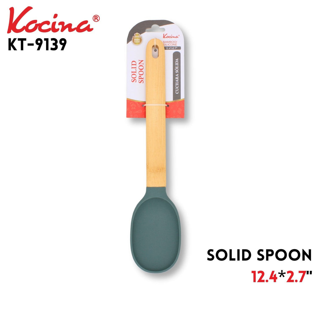 Bamboo Handle Silicone Solid Cooking Spoon, 12.4 Inch Heat Resistant Non-Scratch Kitchen Utensil for Stirring, Serving & Scooping Soup