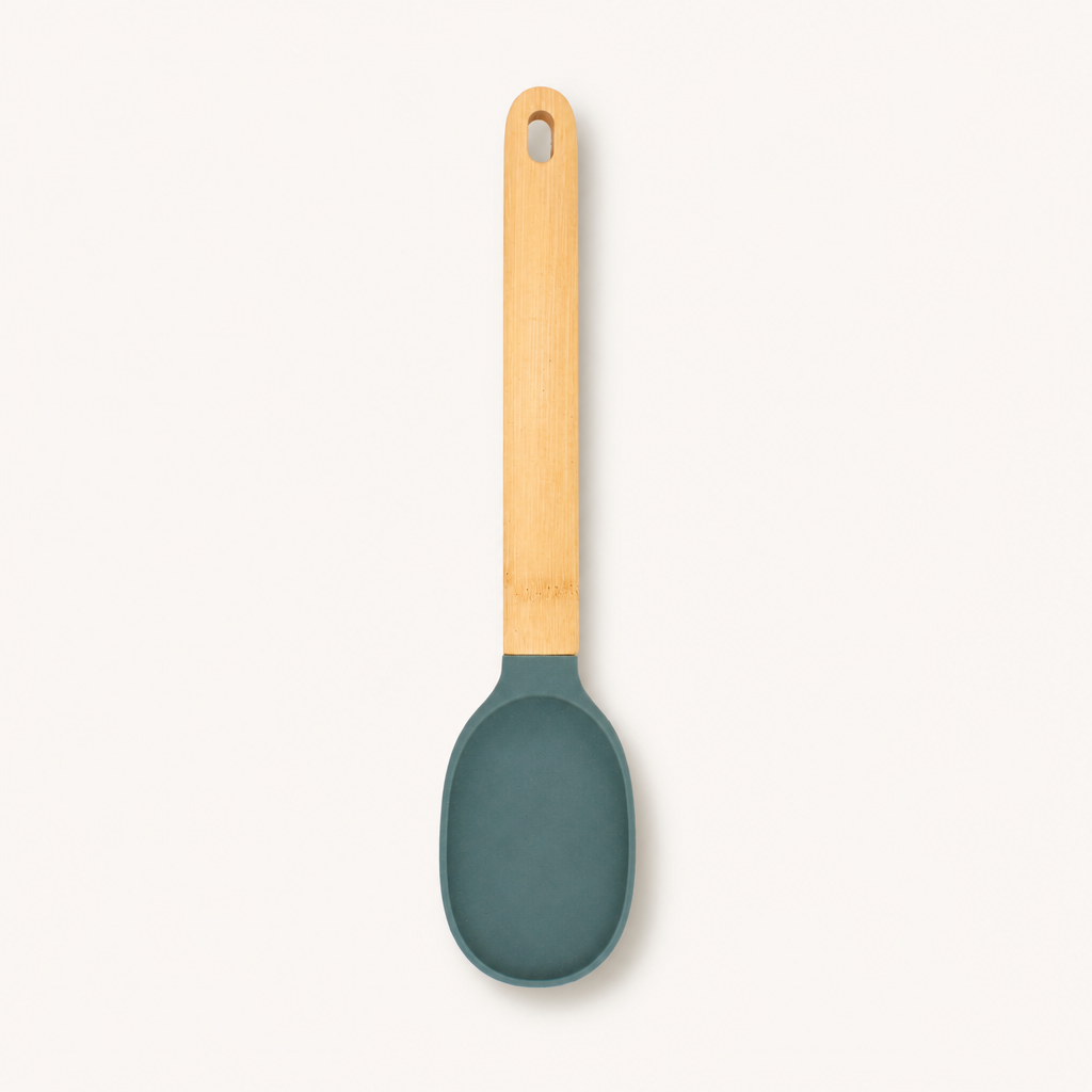 Bamboo Handle Silicone Solid Cooking Spoon, 12.4 Inch Heat Resistant Non-Scratch Kitchen Utensil for Stirring, Serving & Scooping Soup