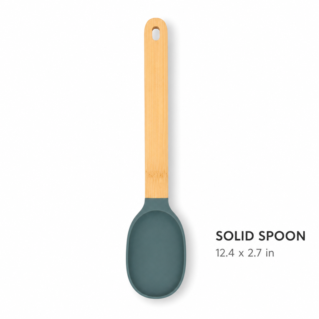 Bamboo Handle Silicone Solid Cooking Spoon, 12.4 Inch Heat Resistant Non-Scratch Kitchen Utensil for Stirring, Serving & Scooping Soup