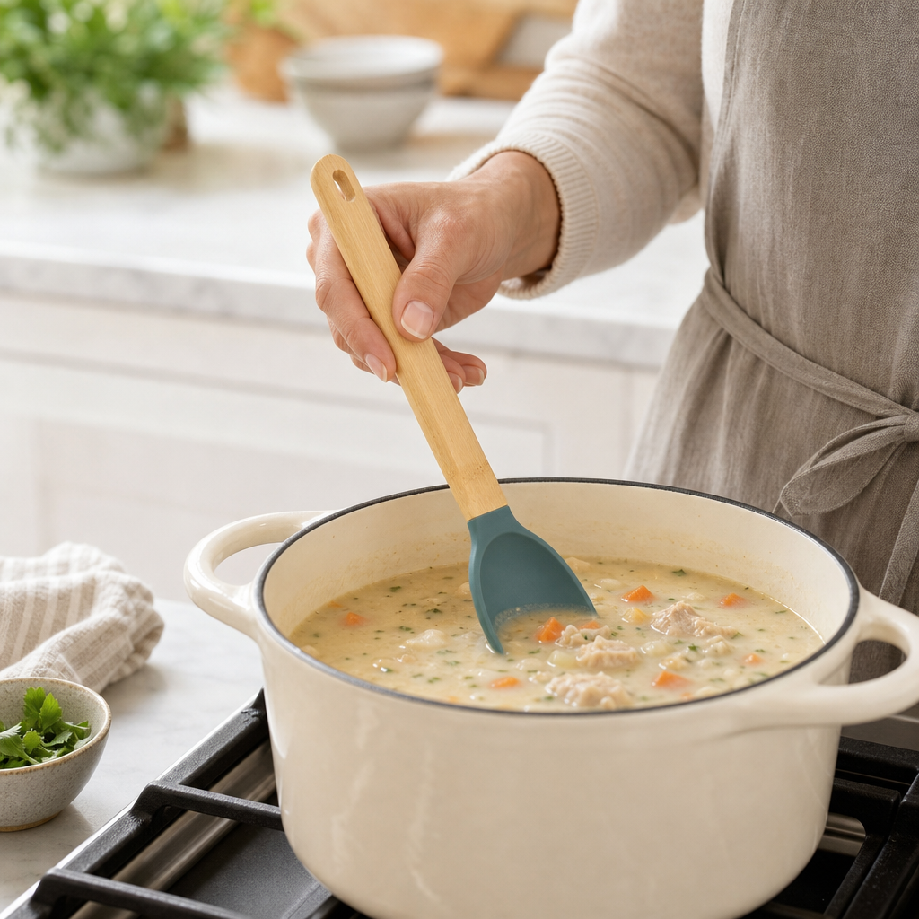 Bamboo Handle Silicone Solid Cooking Spoon, 12.4 Inch Heat Resistant Non-Scratch Kitchen Utensil for Stirring, Serving & Scooping Soup