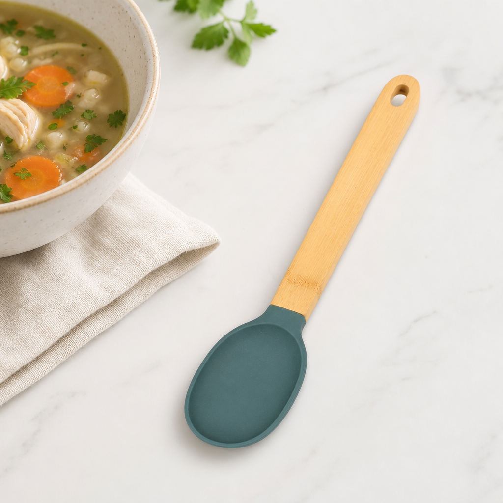 Bamboo Handle Silicone Solid Cooking Spoon, 12.4 Inch Heat Resistant Non-Scratch Kitchen Utensil for Stirring, Serving & Scooping Soup