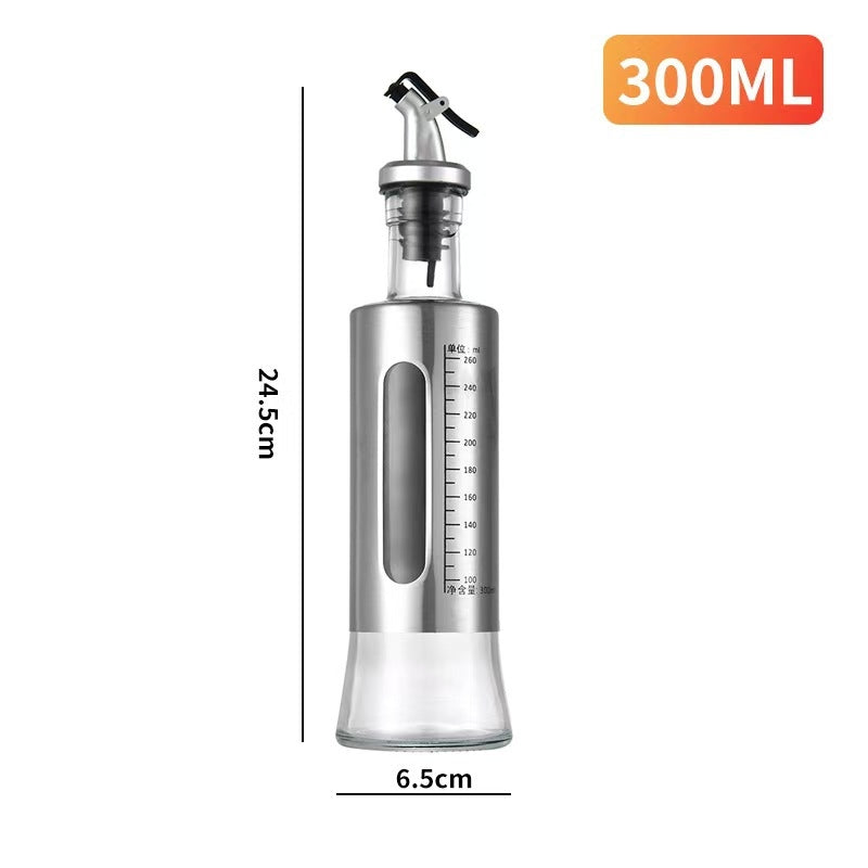 300ml Glass Oil Dispenser Bottle with Stainless Steel Sleeve, Precision Pour Spout for Olive Oil, Vinegar & Soy Sauce