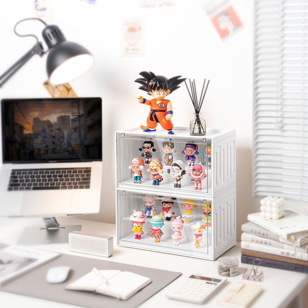 Container Style Figurine Display Case, Stackable Magnetic Door Dustproof Collectible Storage Box for Blind Box Toys, Desktop Pop Figure Organizer